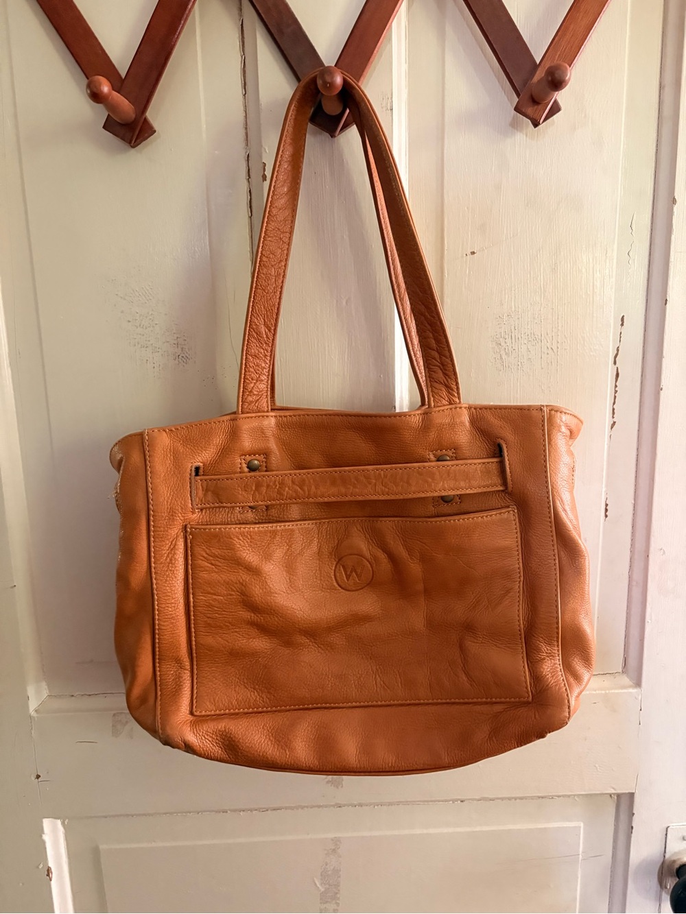 Leather Tan Shoulder Tote with Front Pocket